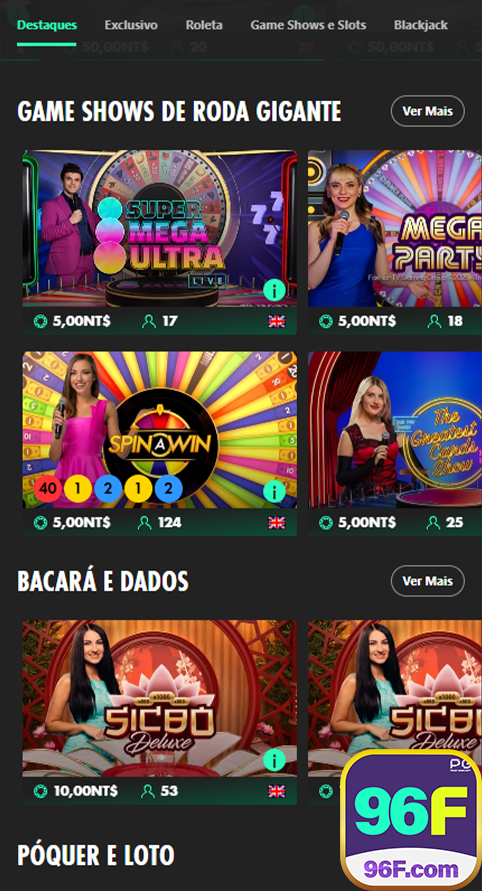 Cassino ao vivo da 96f.com com dealers premium